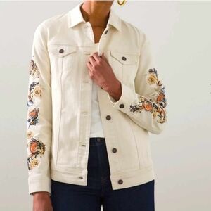 Chico's Floral Embroidered Sleeves Denim Jacket
